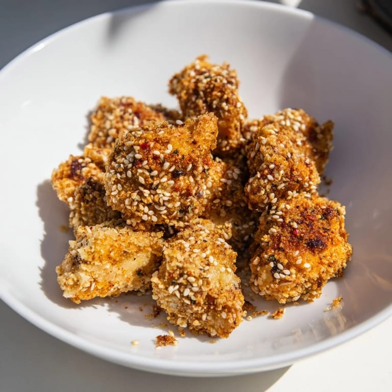Close-up shot shows oven-baked Spicy Yogurt Chicken Bites, coated in sesame seed breadcrumbs.
