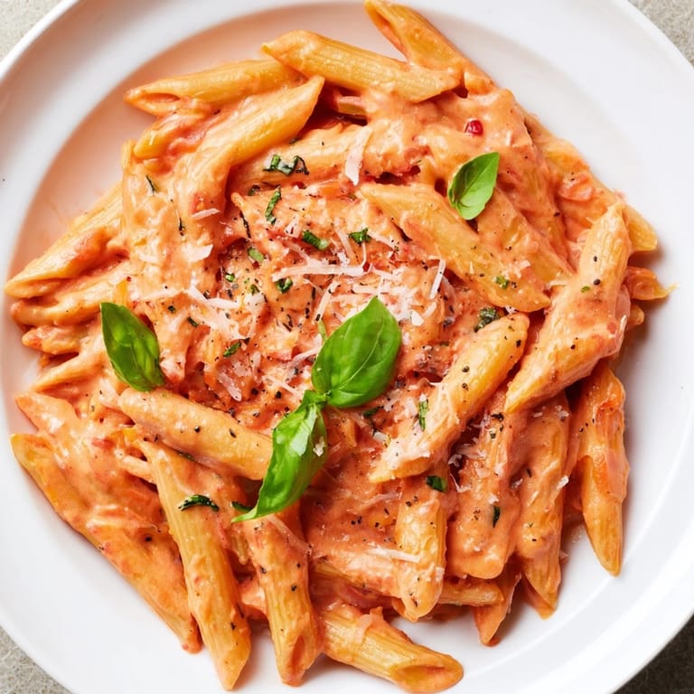 A close-up of the creamy Basil Garlic One-Pot Creamy Tomato Pasta, showing the texture.