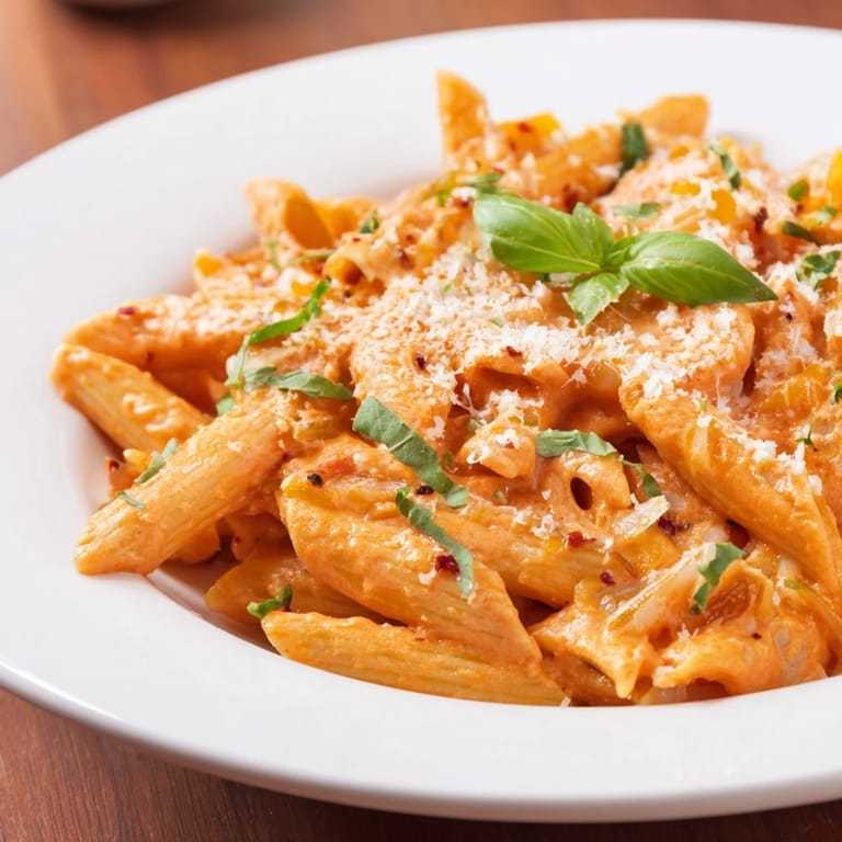 Rich and flavorful, this Basil Garlic One-Pot Creamy Tomato Pasta dish looks ready to eat.