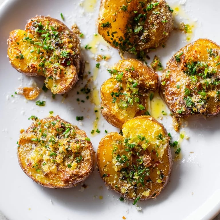 Close-up of savory Parmesan smashed potatoes, ready to eat, served with fresh herbs on a plate.