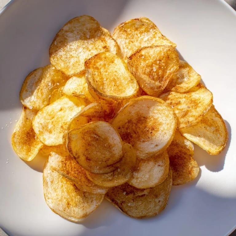 Close-up of golden, thin Air-Fryer Potato Chips, perfectly crisp and offering a delightful crunch with every bite.