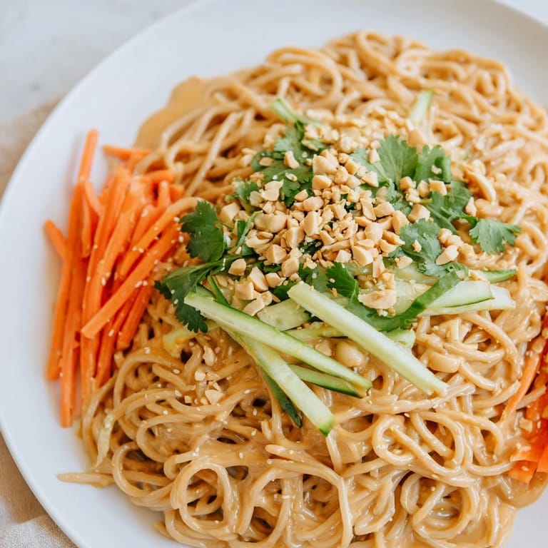 Close-up shot: Slurpy cold sesame noodles glistening with sesame sauce, a perfect summer meal.