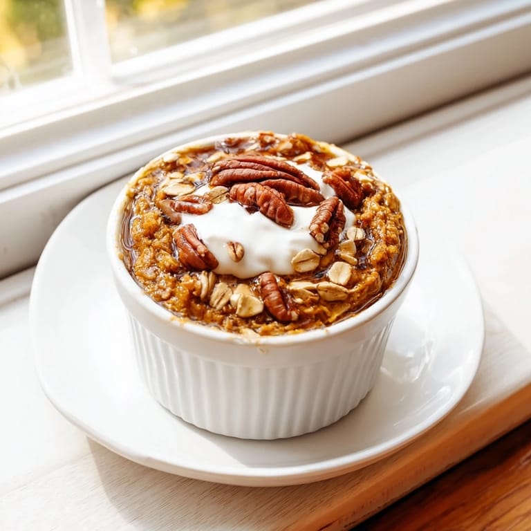 Warm, spiced pumpkin spice baked oats topped with pecans offer a delightful, inviting morning meal.  