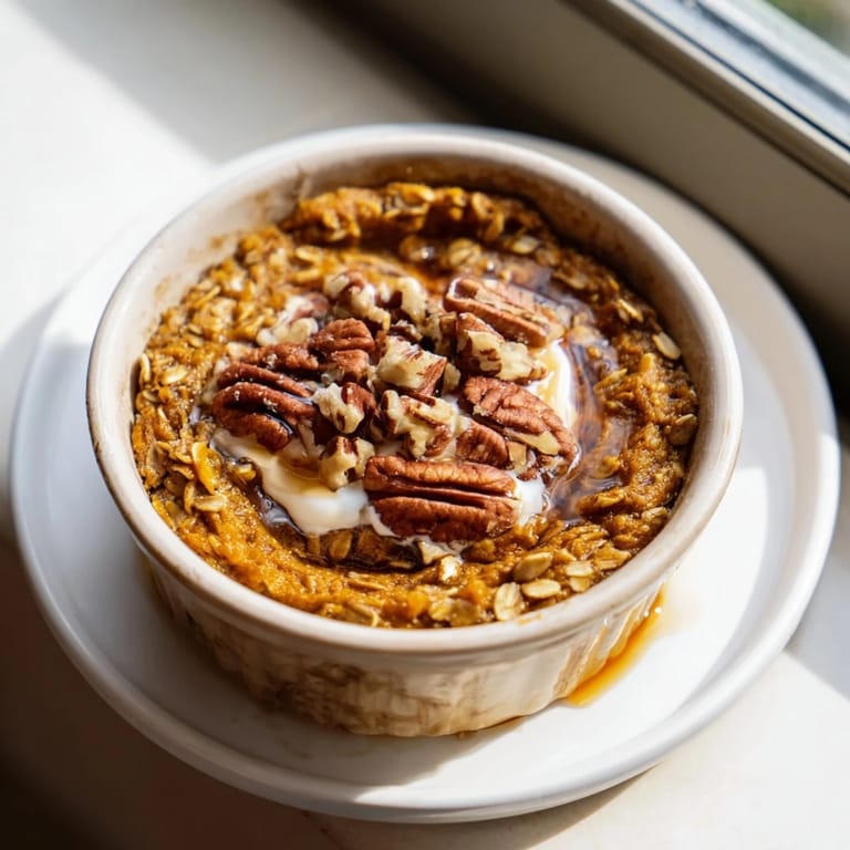 Deliciously fluffy pumpkin spice baked oats, baked to perfection with comforting, sweet flavor.