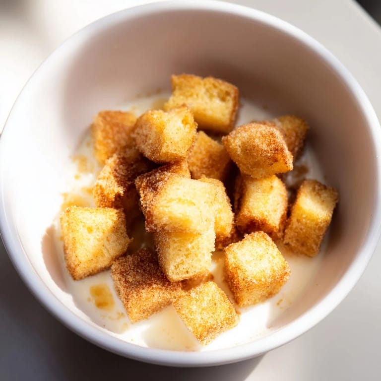 Small, golden brown French toast cereal pieces, ready to be enjoyed with a drizzle of maple syrup.