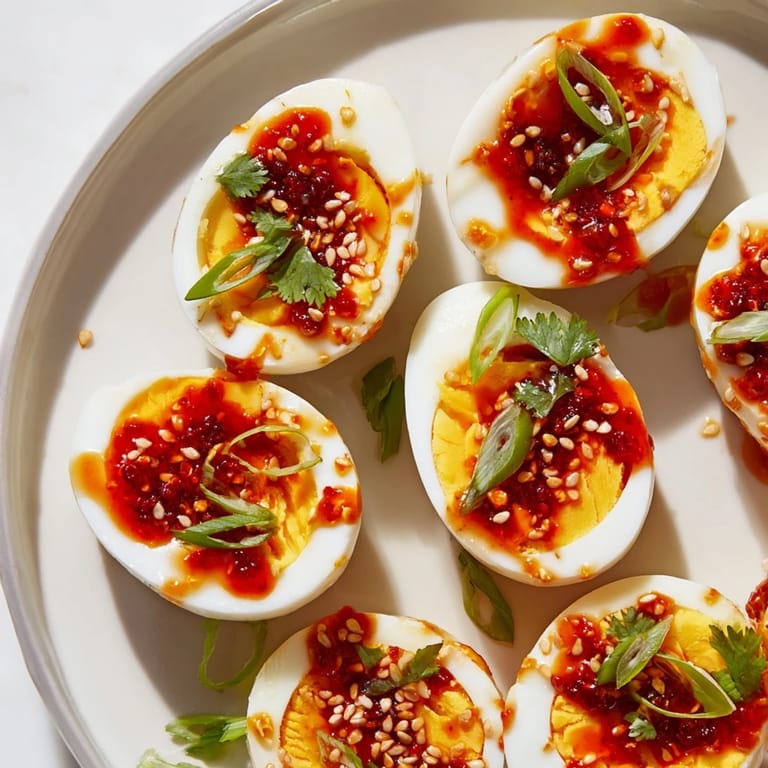 A plate of Chili Oil Eggs showcases rich, red chili oil sauce perfect for breakfast or brunch.
