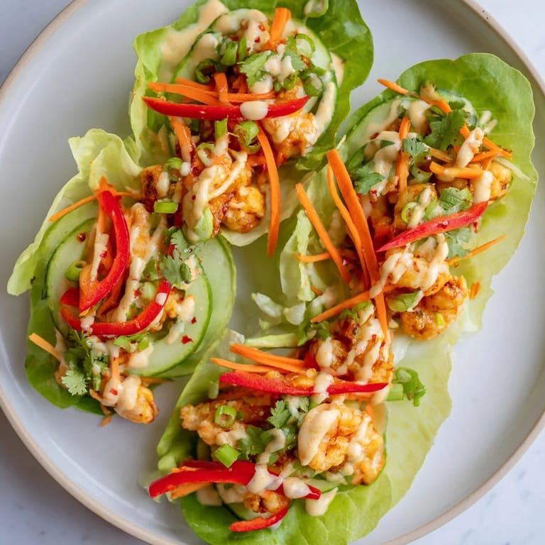 Close-up of delicious shrimp lettuce cups, showing juicy shrimp and crisp vegetables, ready to enjoy.