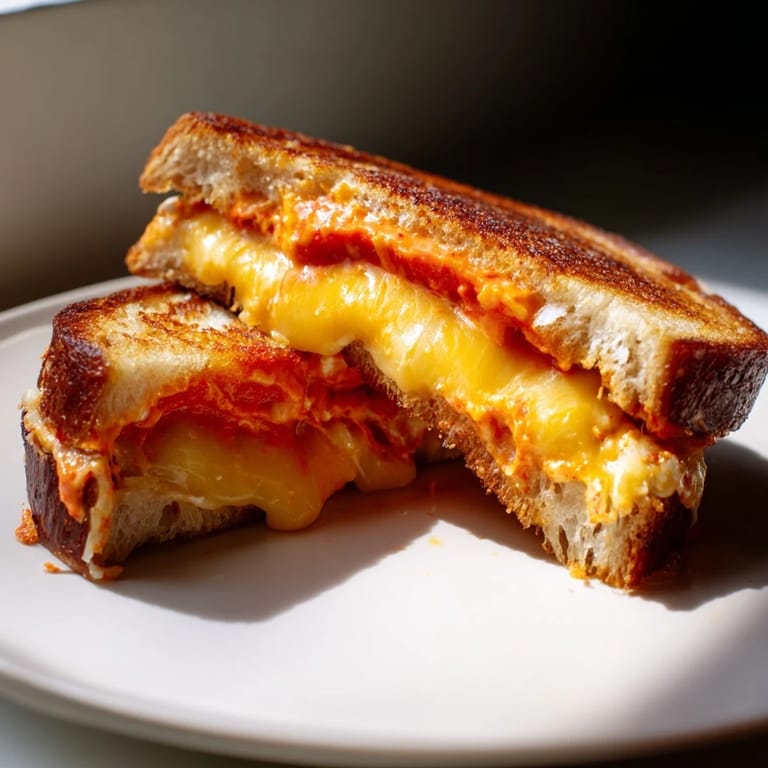 Spicy sriracha mayo coats warm Spiked Grilled Cheese, offering a delightful blend of textures and flavors.