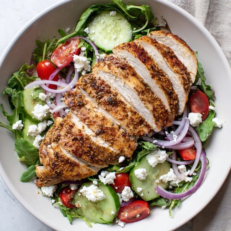Enjoy this flavorful pan-seared chicken salad featuring tender chicken and fresh, vibrant ingredients.