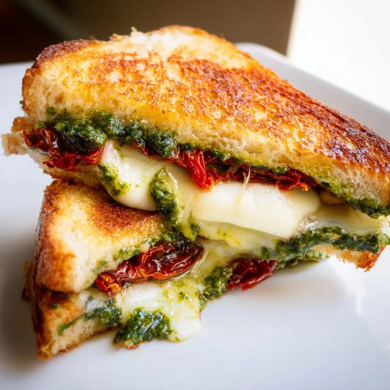 Melted mozzarella and vibrant pesto filling a perfectly toasted Pesto Grilled Cheese, ready to eat.