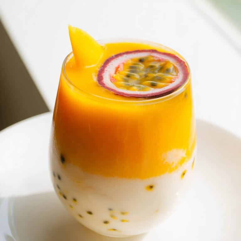 A refreshing and layered Tropical Sunset Smoothie, with a creamy yogurt base, ready to enjoy.