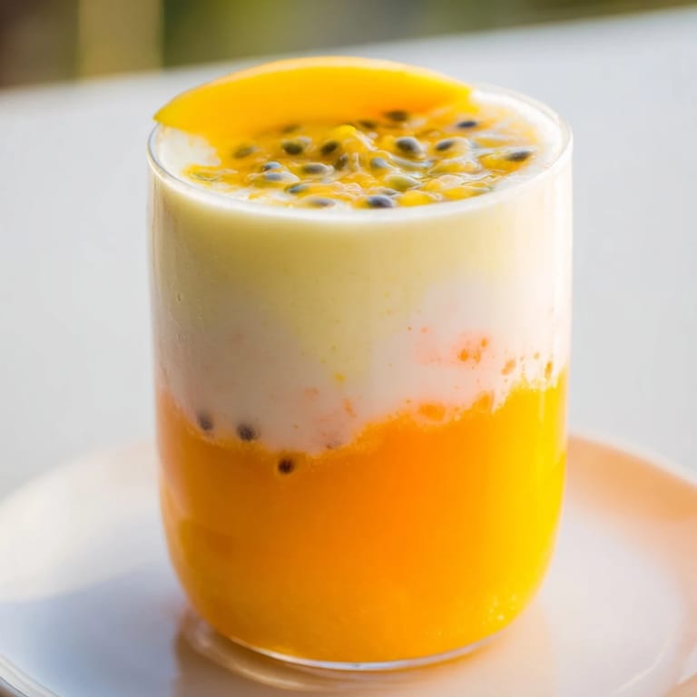 See the beautiful ombré effect of the Tropical Sunset Smoothie, perfect for summer mornings and easy to make.