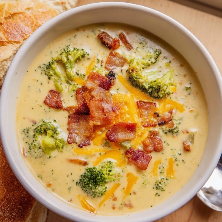 Close up shot of Broccoli Cheddar Soup; thick, vibrant, and loaded with melted cheddar.