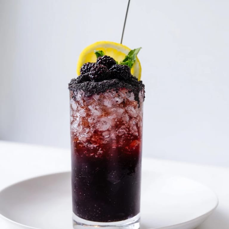 Garnished blackberries and lime adorn a refreshing Dark Matter Mocktail, a stunning layered non-alcoholic drink.