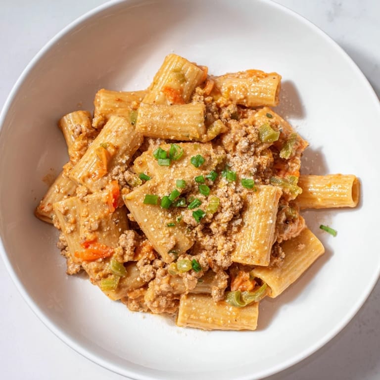 Spicy Kimchi Ragu Pasta, with rich pork ragu and kimchi, ready to be served hot and delicious.
