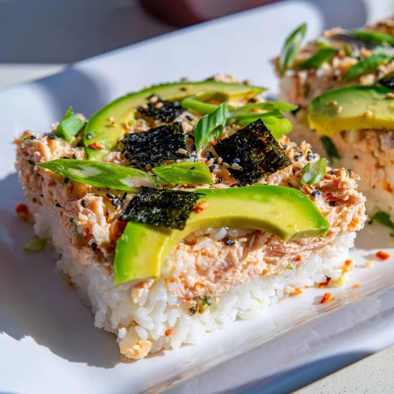 Golden-topped Sushi Bake Casserole, a comforting layered dish with salmon, seasoned rice, and a drizzle of soy.