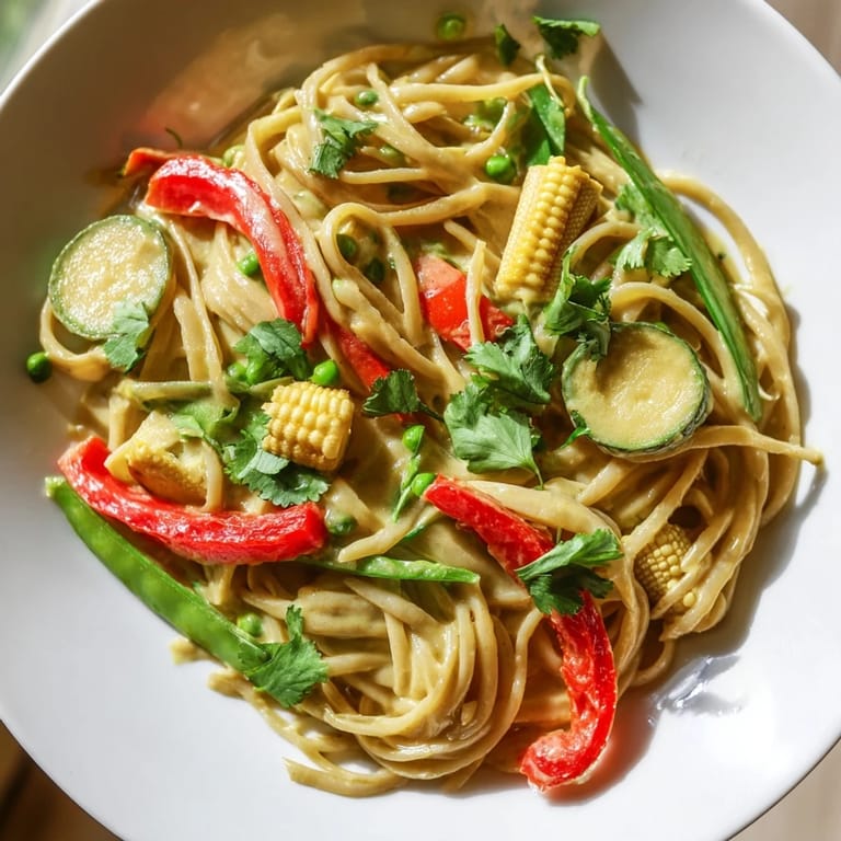 A close-up shot of Thai Curry Pasta, with tender noodles coated in vibrant green curry and fresh cilantro.