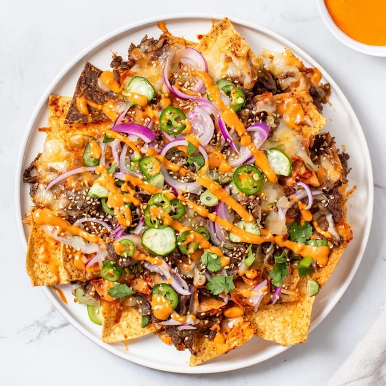 Golden, bubbly Korean BBQ Nachos, ready to eat with layers of flavorful beef and fresh cilantro.