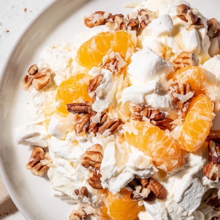 Showcasing the vibrant colors of Elevated Ambrosia Salad, a refreshing dessert with creamy whipped cream.