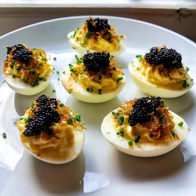 Savory deviled eggs showcasing smooth yolk filling, caviar, and golden crispy shallots, ready to serve.