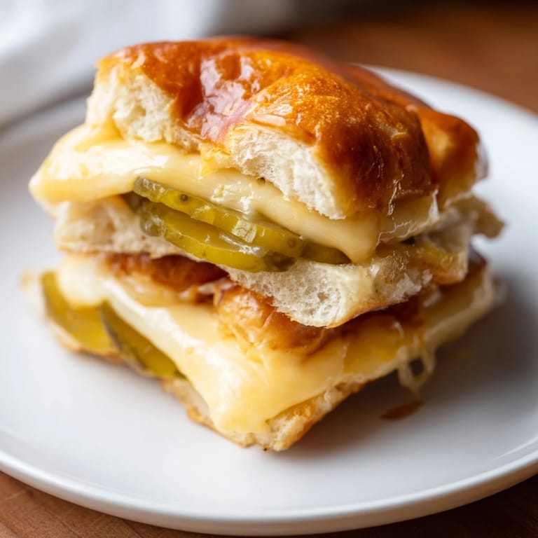 Golden-brown Pickle Bread Sandwich, featuring bubbly cheese and a layered bed of vibrant dill pickles.