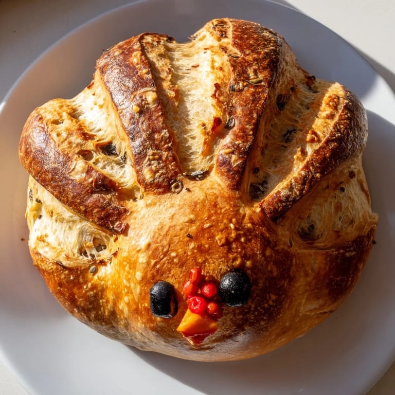 Rustic turkey sourdough bread, shaped like a bird with olive eyes and pepper wattle, cooling on a wire rack with a knife nearby for slicing.