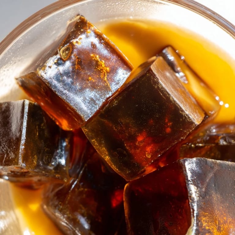 An overhead view of homemade Coffee Jelly Dessert, its dark cubes contrasting beautifully with pale cream in an elegant serving dish.  