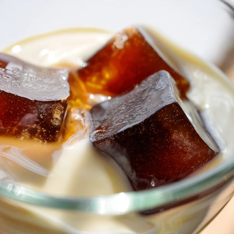 Coffee lovers admire cut cubes of Japanese Coffee Jelly Dessert, served chilled and topped with a swirl of vanilla sweet cream.
