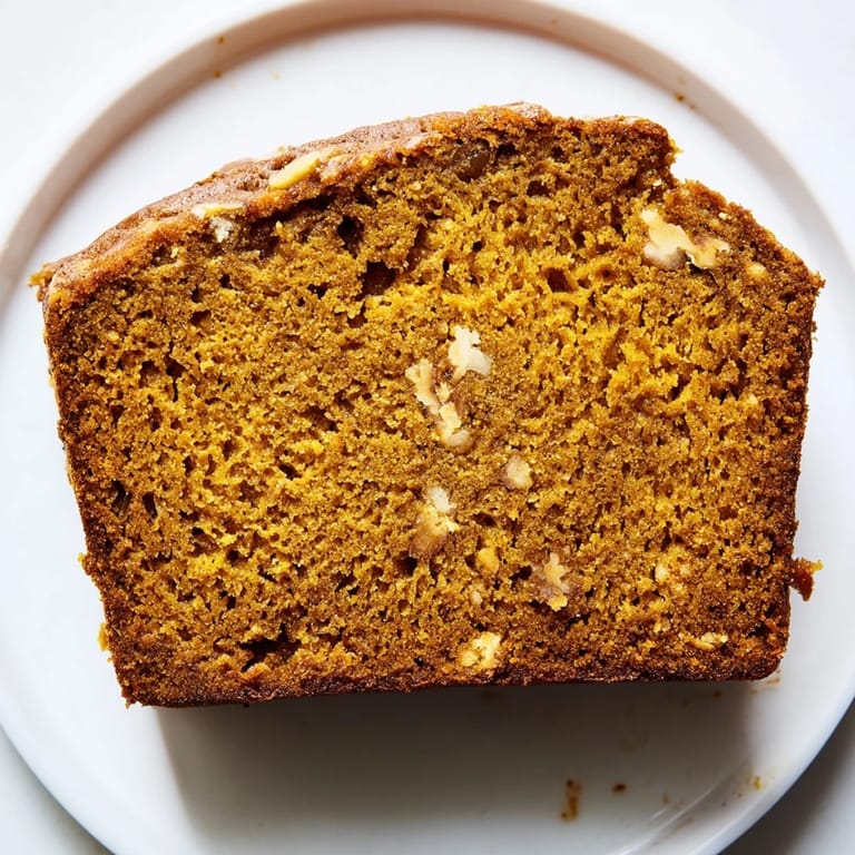 Moist pumpkin bread loaf with walnuts, sliced to reveal soft texture and rich, golden interior crumb.