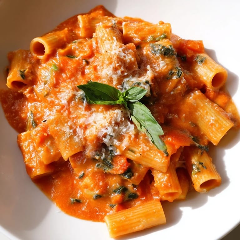 Steaming Hidden Veggie Tomato Pasta Sauce in a rustic bowl, topped with grated Parmesan and fresh basil, served beside pasta.