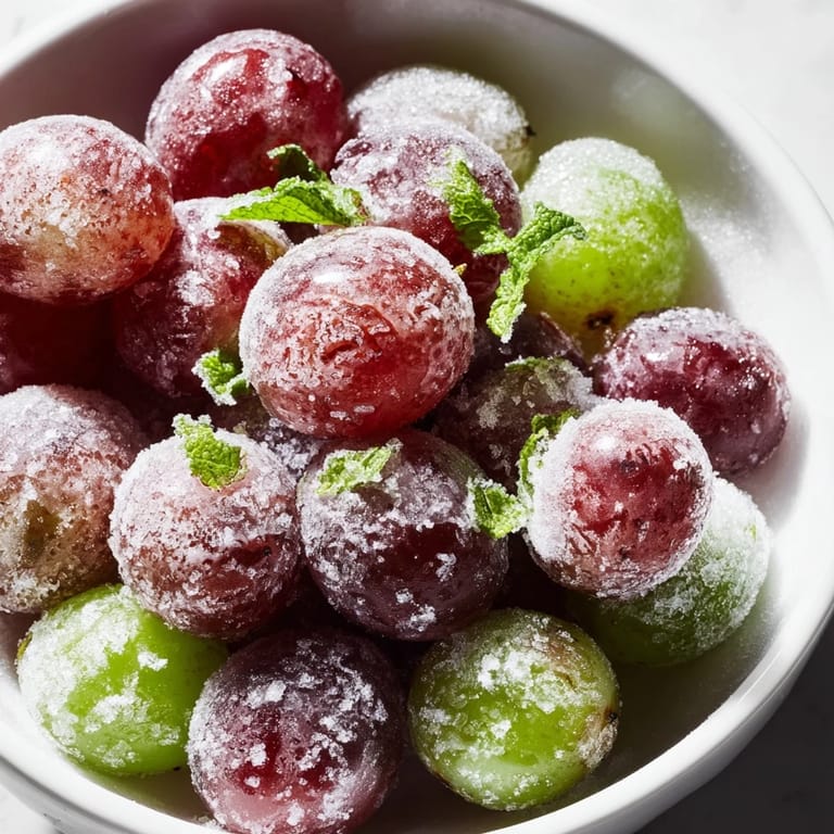 A handful of vibrant Frozen Grapes Spa Treat scattered on a marble countertop, with a glass of sparkling water enhanced by the icy fruit.
