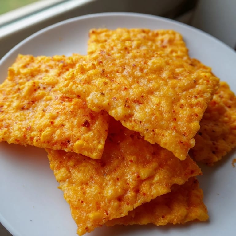 Golden square-shaped Crispy Cheeto Cheese Crackers cooling on a wire rack, showcasing their crunchy texture from baked cheddar and Cheetos.  