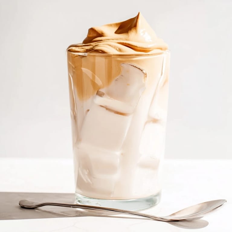 Café-style Dalgona coffee served over ice, with a soft, whipped coffee topping melting into the milk below.