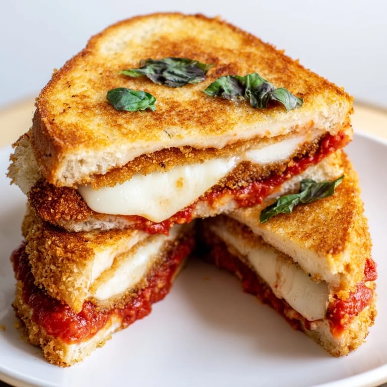Golden toasted bread frames the hearty Chicken Parm Grilled Cheese, served hot on a plate with a side of marinara for dipping.