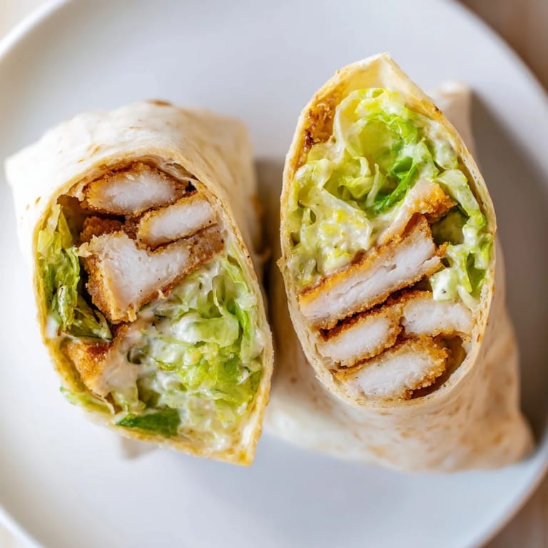 The finished Crispy Chicken Caesar Wrap, tightly rolled and sliced, showing the crispy chicken strips inside a soft flour tortilla.