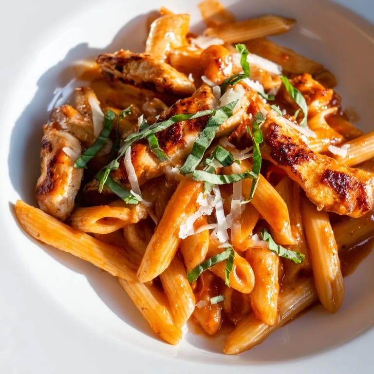 Penne pasta coated in a zesty chili tomato sauce, served hot with Parmesan cheese.