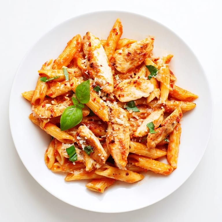 A rustic Italian-American dish featuring tender chicken and vibrant, red spicy tomato pasta sauce.