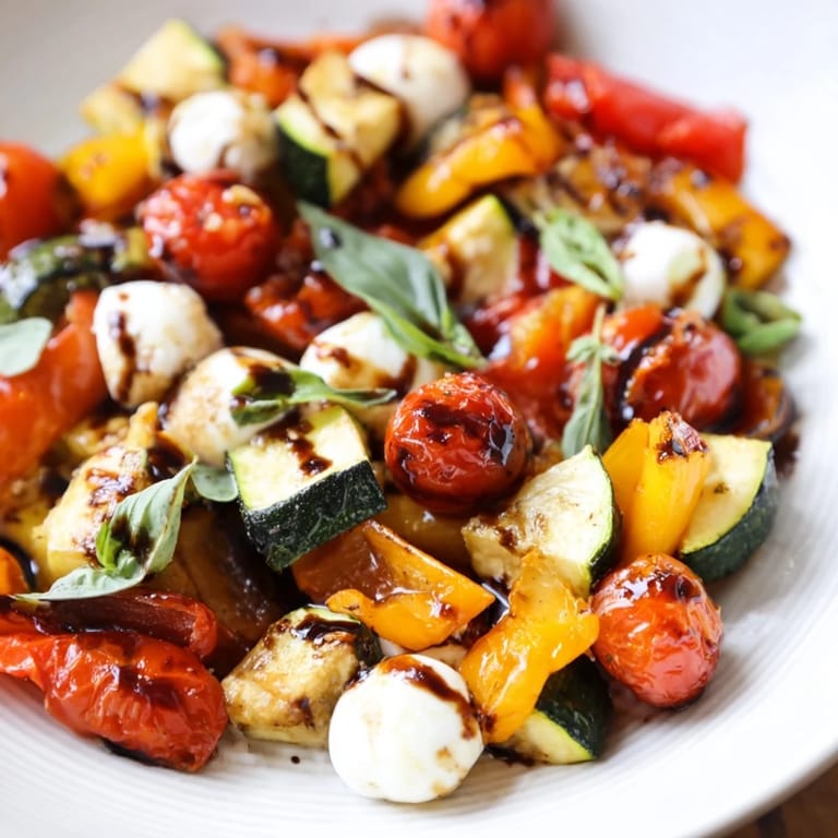 Colorful Roasted Veggie Caprese Salad served on a platter with balsamic drizzle and torn basil, ideal for summer gatherings.