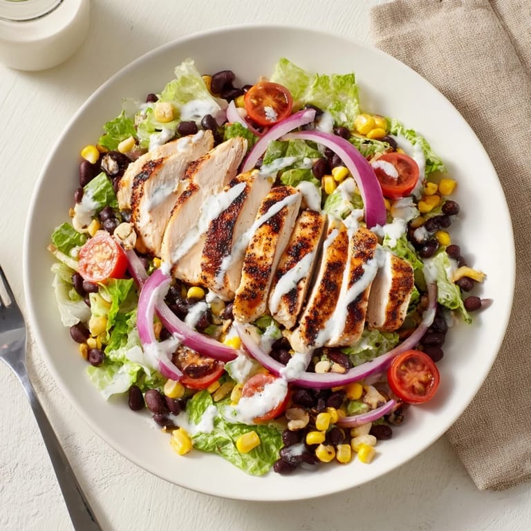Close-up of a BBQ Chicken Salad plate with juicy BBQ chicken, creamy avocado slices, and a drizzle of ranch dressing over fresh vegetables.  
