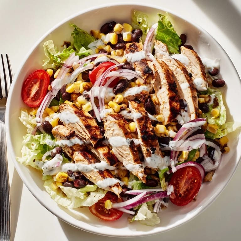 A hearty serving of BBQ Chicken Salad in a rustic bowl, showcasing grilled corn, black beans, tomatoes, and shredded cheese for a perfect summer meal.