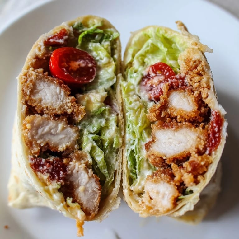 A close-up of the Hot Honey Chicken Caesar Wrap highlights glossy hot honey drizzle over tender chicken and creamy Caesar salad.