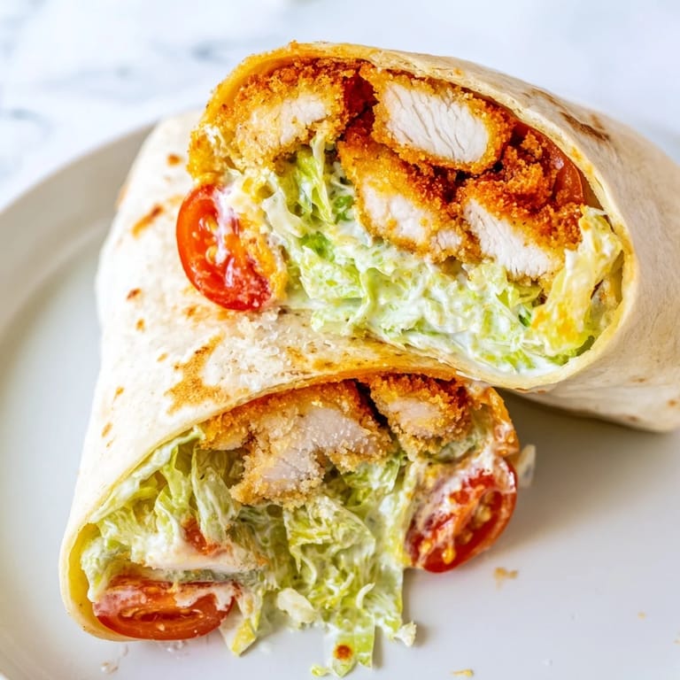 The Hot Honey Chicken Caesar Wrap is sliced diagonally, revealing layers of crunchy croutons, Parmesan, and juicy cherry tomatoes inside.  