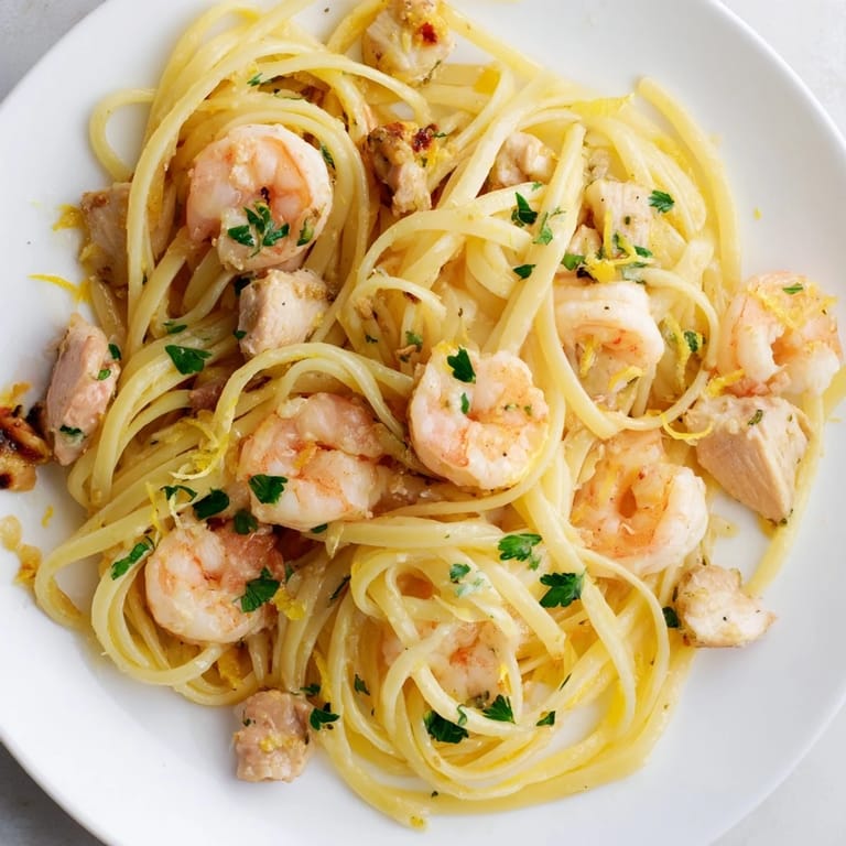 Sizzling skillet of Lemon Garlic Shrimp & Chicken Pasta, with tender shrimp and chicken mixed through linguine in a vibrant, garlicky lemon-butter sauce.