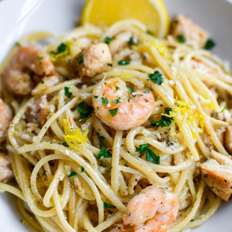 Steaming plate of Lemon Garlic Shrimp & Chicken Pasta, garnished with fresh parsley and lemon wedges, ready to serve for a cozy Italian-American dinner.