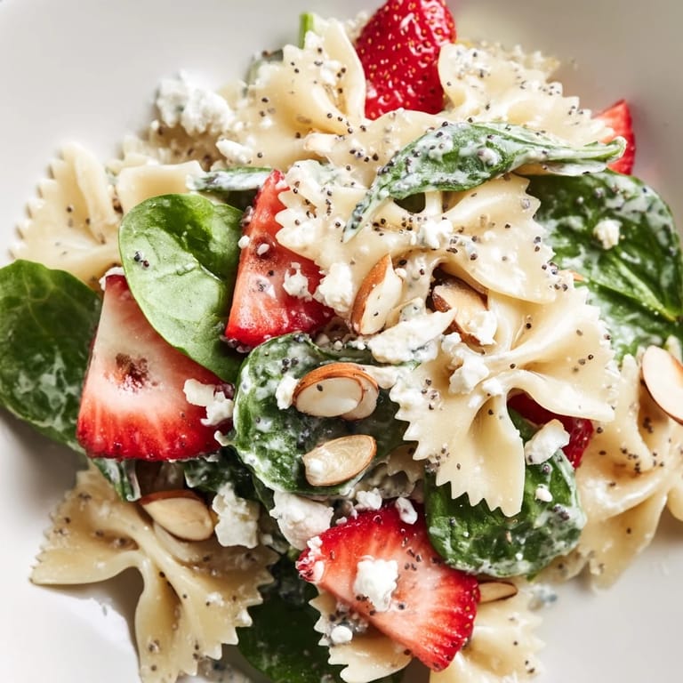 Colorful Spring Spinach Strawberry Pasta Salad served chilled in a white bowl, with sweet berries, crisp greens, golden bow-tie pasta, and a glossy poppy seed drizzle.