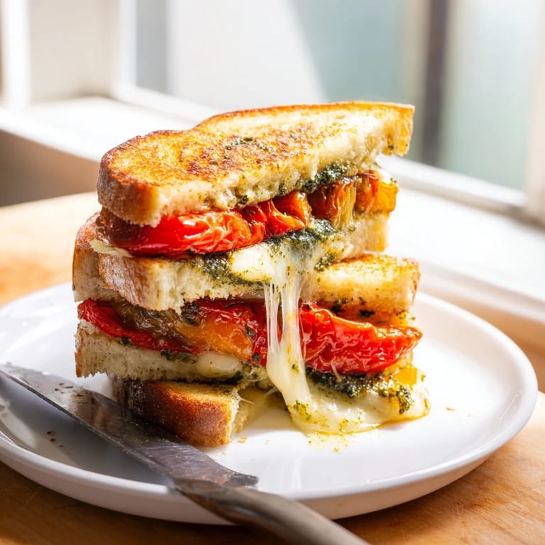 Vegetarian roasted tomato pesto grilled cheese sandwich sliced in half, revealing juicy tomatoes and herbs.