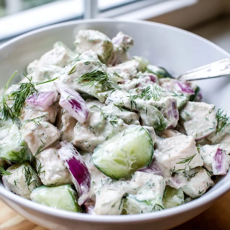 A close-up of Creamy Cucumber Chicken Salad tossed in creamy dill yogurt, garnished with red onion and a lemon wedge.