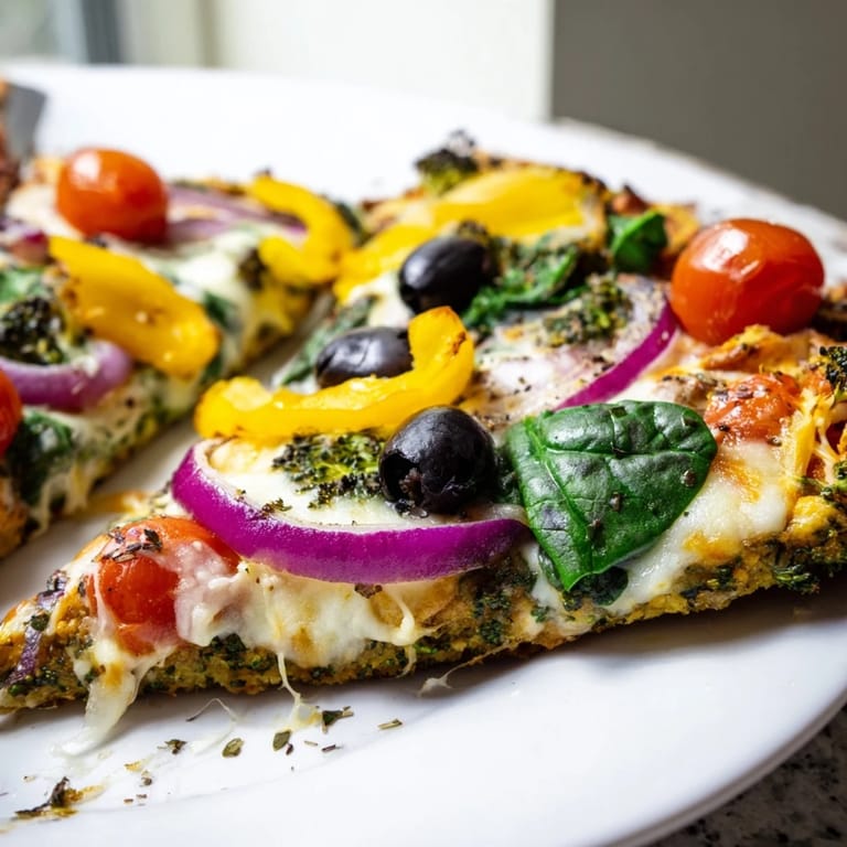 Freshly baked Broccoli Chicken Crust Pizza with colorful bell peppers, red onions, and spinach on a rustic baking sheet.