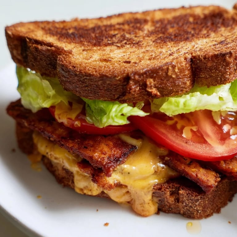 Fresh lettuce leaves and ripe tomato peek from the toasted crust of a Vegan Bacon BLT Grilled Cheese, promising a savory, satisfying plant-based meal.