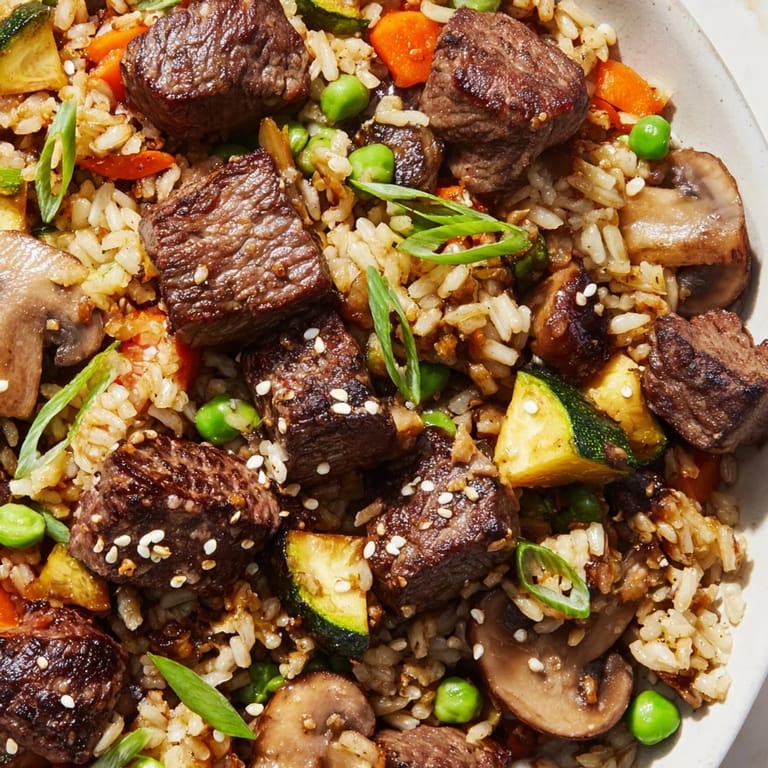 Forkful of savory Easy Hibachi Steak With Fried Rice, topped with fluffy scrambled eggs, green onions, and sesame seeds on a plate.